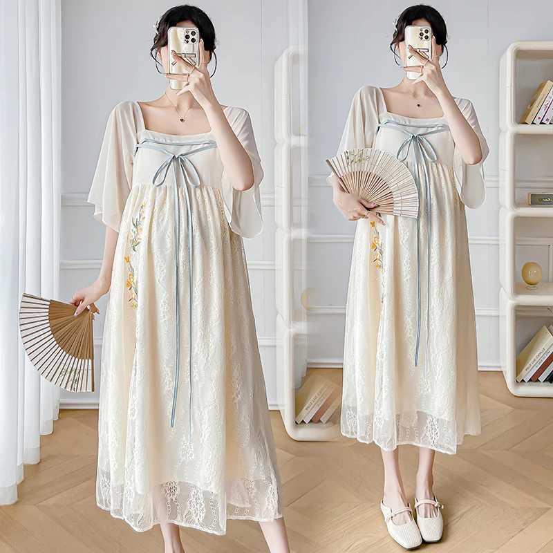 Summer Chinese Embroidered Lace Dress for Pregnant Women Hanfu Pregnant Womens Dress Sweet Square Neck Pregnant Womens Holiday Dress W241026