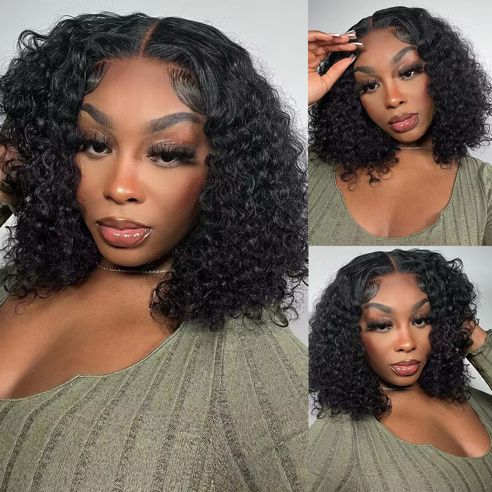 200Density 12A Deep Wave 13x4 Short Lace Front Bob Human Hair Wigs HD Transparent 200% Curly Frontal Wig For Women