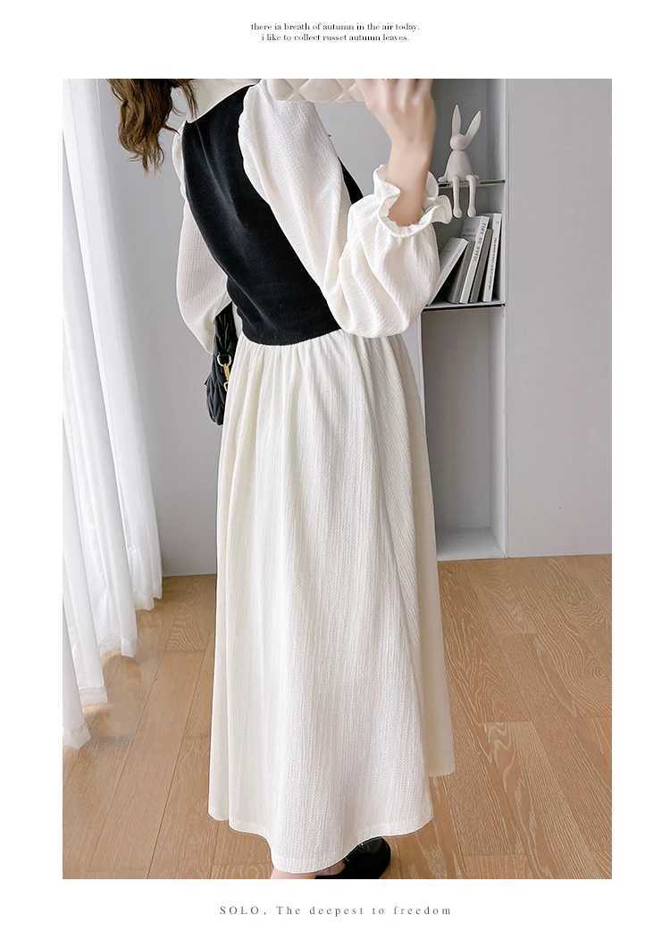 2024 autumn and winter knitted patch work pregnant womens dress with long flame sleeves loose collar elegant pregnant womens clothing W241026