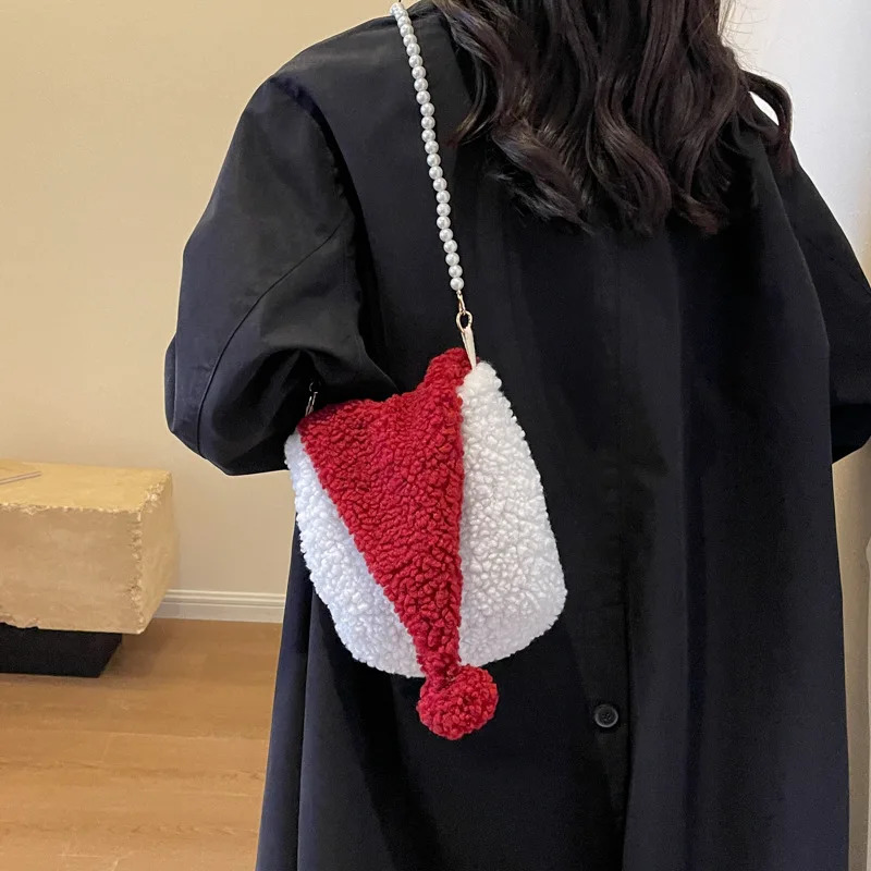 Shoulder bag plush cute bead chain cross body bucket bag street fashion cute phone bag coin wallet card key bag 241025