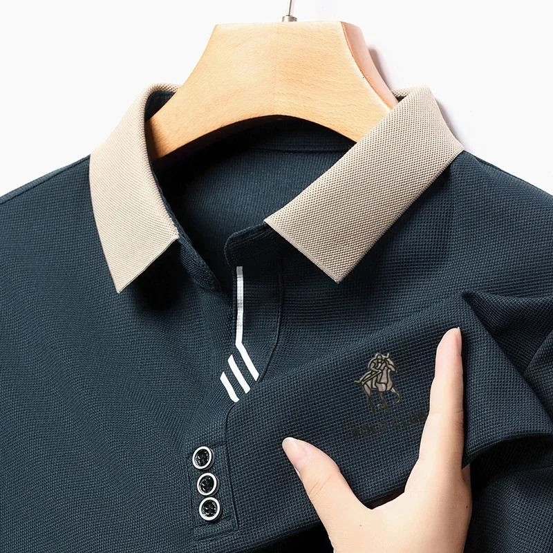 2024 Business Casual Cool Breathable Fabric Men Lapel Polo Shirt Long Sleeve Fashion Tops TShirt M4XL 241025