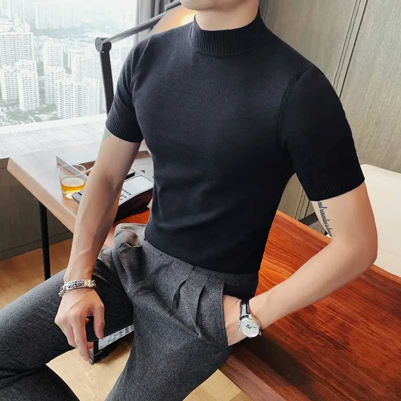 2023 Spring/Summer New Slip Mens Knitted T-shirt Solid Color Slimming T-shirt W241026
