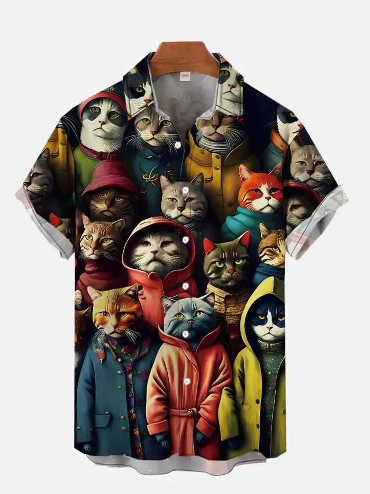 Cute cat print casual shirt for men wearing 3D printed classic short slip shirt every day fashionable Haian shirt Harajuku mens style W241026