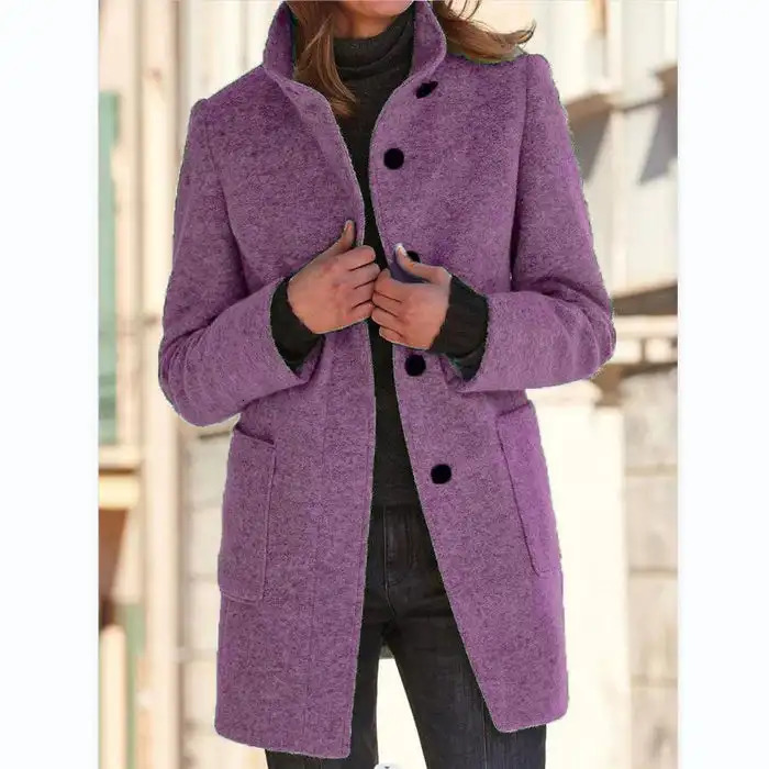 Womens Parka Warm Trench Coat Wool Blend Jacket Casual Retro Button Clre Solid Color Stand Collar Winter 241025