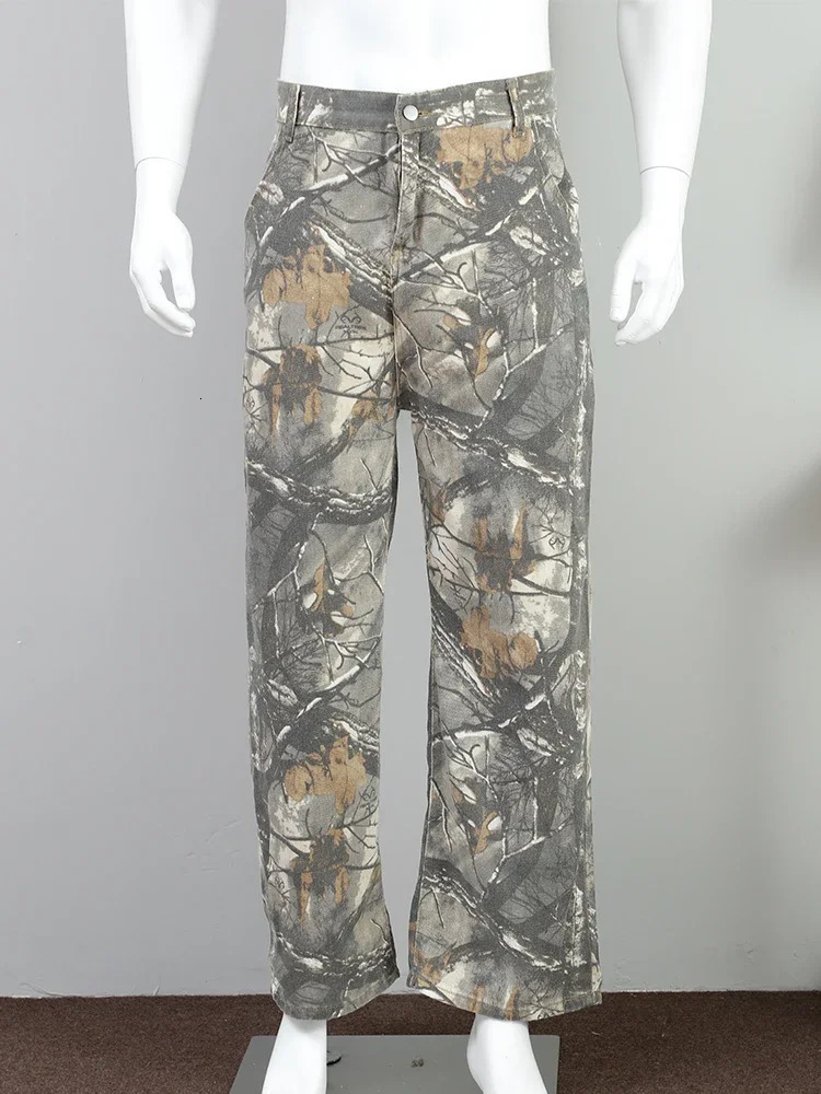 Fashion Street Camouflage Printed Straight Pants Mens Vintage Washed Wide Leg Trousers Male Summer Amrican Casual Beach Jeans 241025