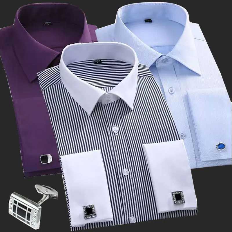 6XL mens long sleeved shirt for spring and summer formal business French buttons no solid color stripes plus size casual W241026