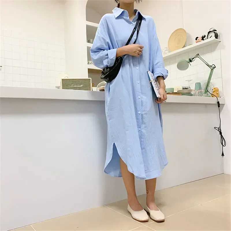 Womens Changbai shirt linen cotton 2024 spring/summer casual Korean clothing retro oversized Midi robe W241026