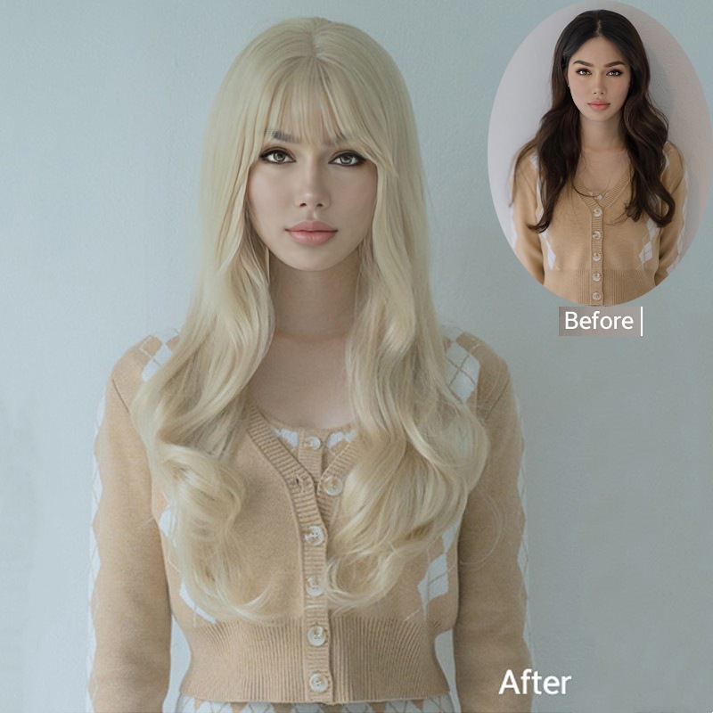 Women's long bangs wig blonde big wave synthetic fiber full headpiece human hair wig