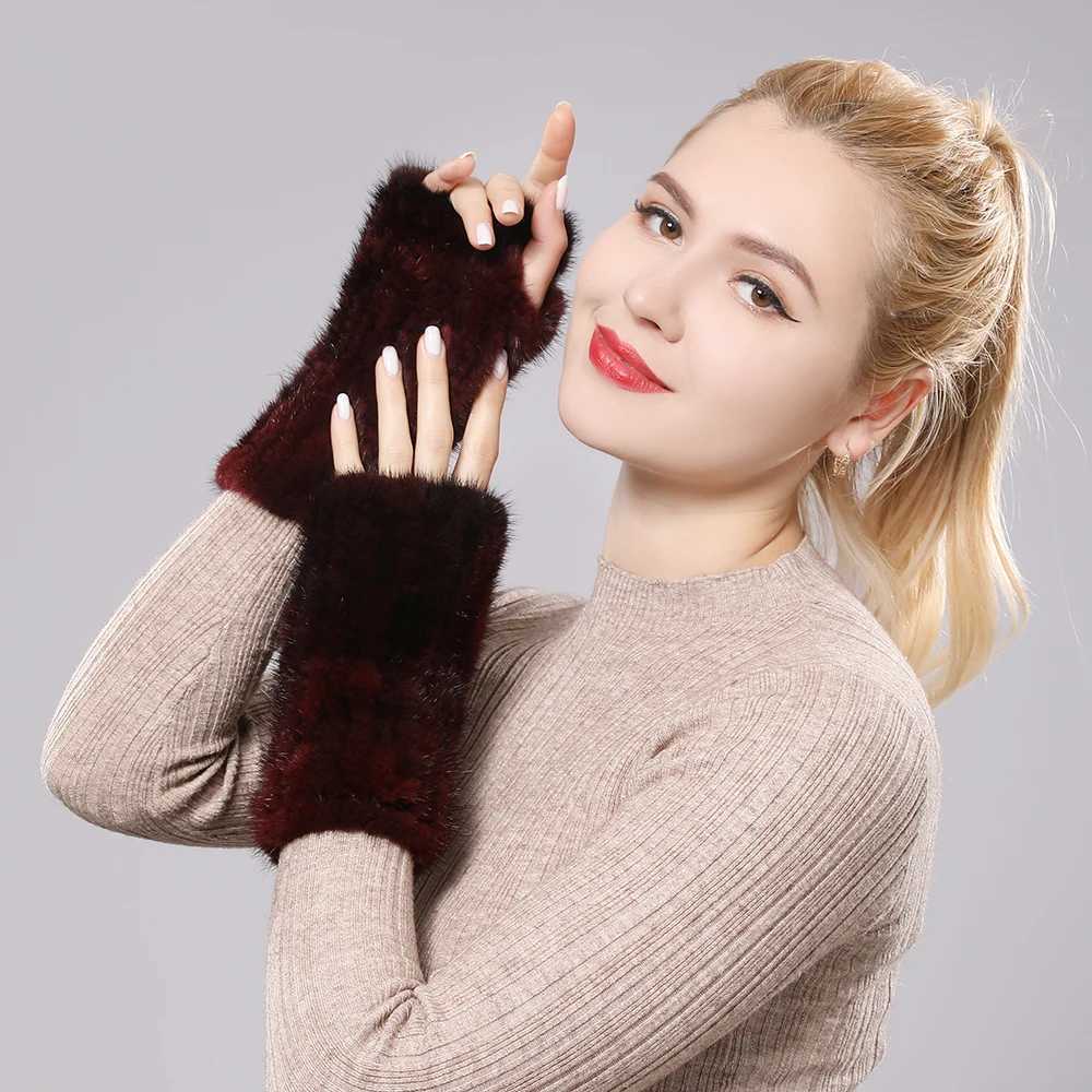 New Womens% Genuine Knitted Mink Gloves for Winter Warmth La Genuine Fur Fingers Gs Handmade Knitted Mink Gloves W241026