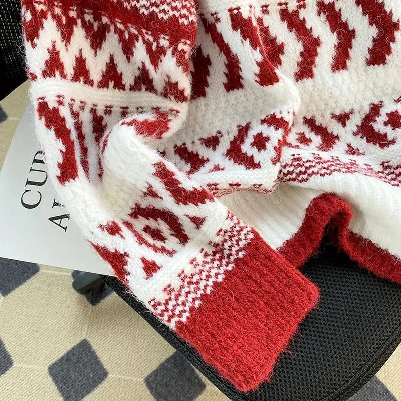 Winter Thick Sweater Red Christmas Knitted Wool Sweater Retro Loose and Loose Striped Womens Top 241025