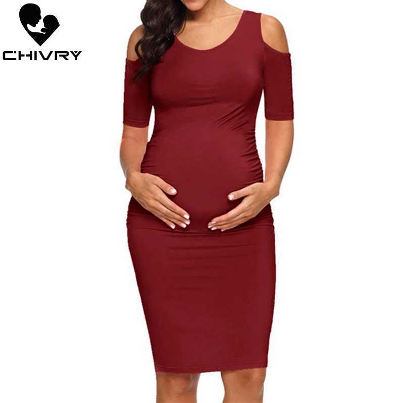 Chivry new pregnant womens dress mothers dress O-neck solid sexy shoulder body pregnant womens casual dress W241026