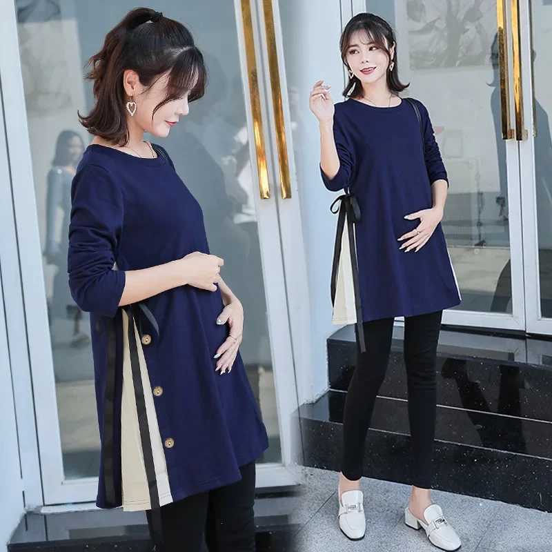 Autumn Collection Fashionable Korean Loose Fit Pregnant Womens Wear Mid Long Bottom Long Sleeve Autumn/Winter W241026