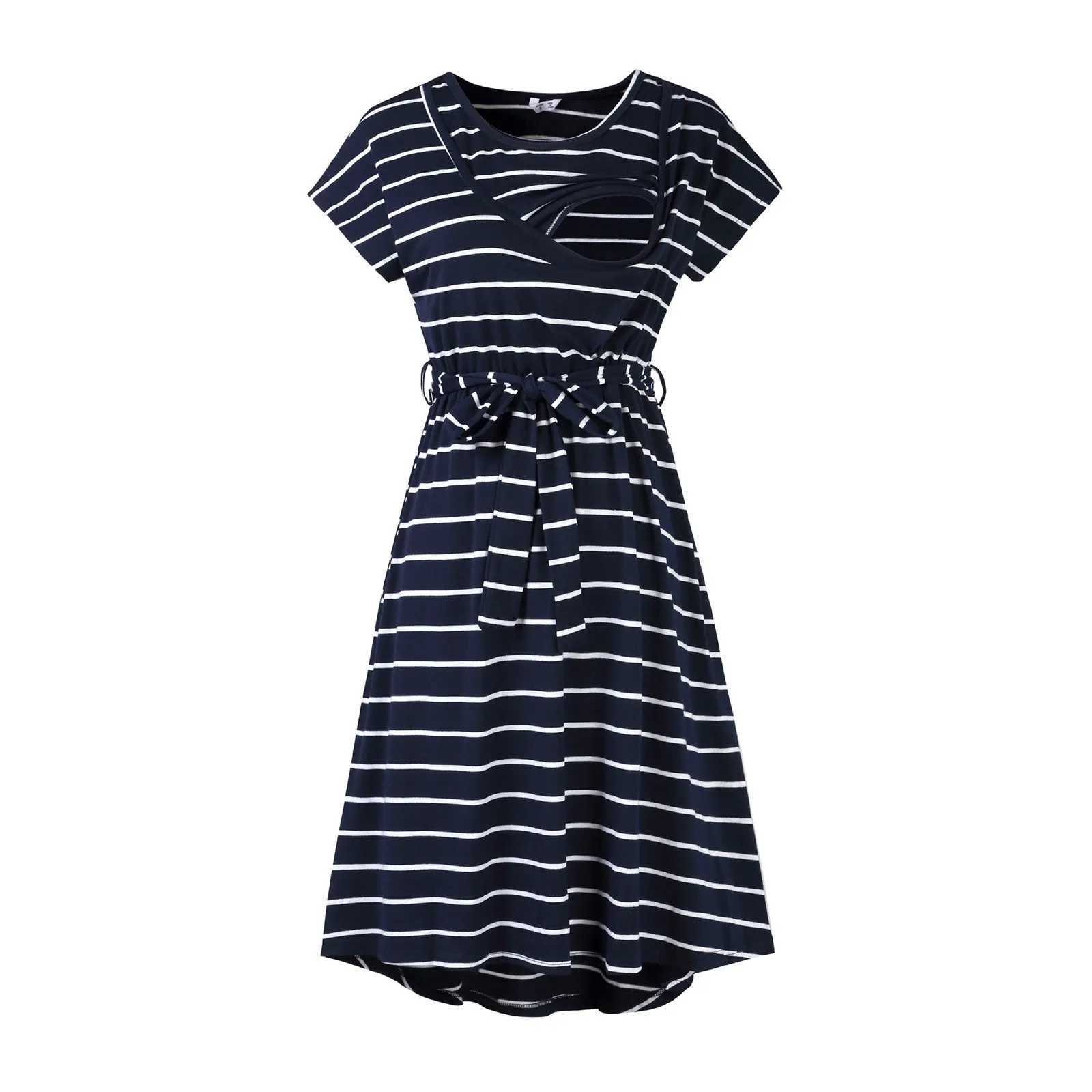 Womens summer short sleeved striped printed dress for pregnant women used for breastfeeding belt dress used for womens photography W241026