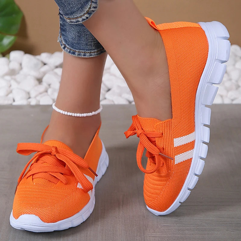 Breathable Knitted Striped Flat Shoes for Womens Casual Lace Soft Sole Sneakers for Womens Super Size 43 Lightweight Anti Slip Shoes 241024
