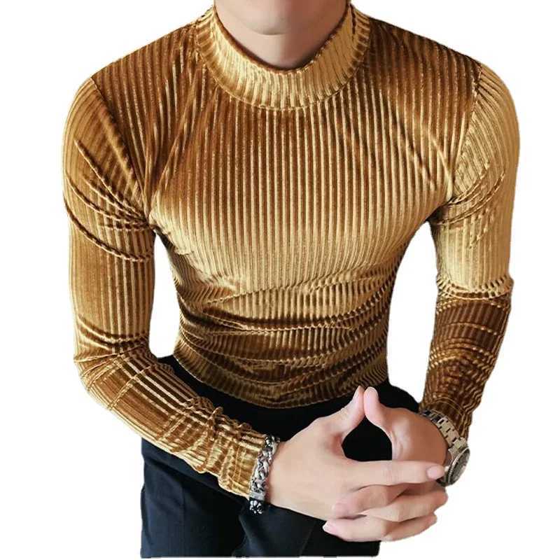 New gold velvet T-shirt mens clothing fashion trend mens luxury dance party long sleeved striped floral top W241026