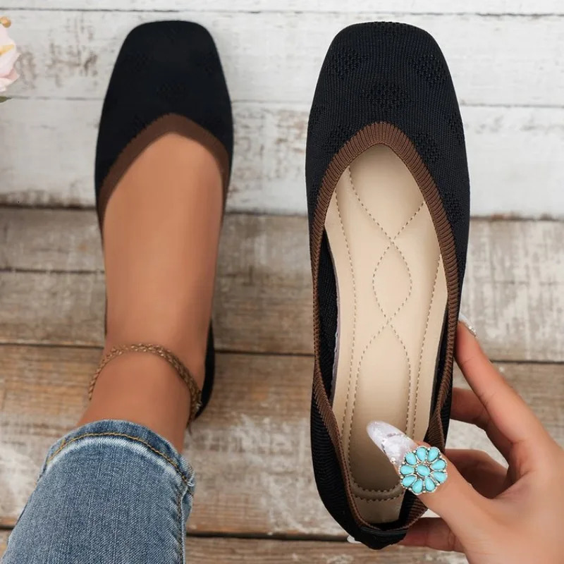 Casual Breathable Ballet Flat Shoes for Women Square Flat Shoes Solid Color Knitted Sliding Shoes for Women Q20 241024