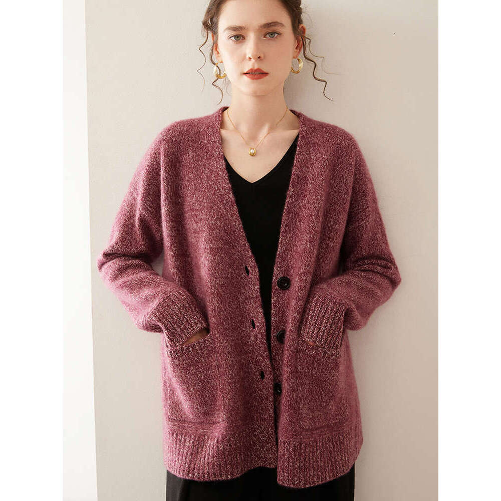 New Chic Women V-Neck Cardigan Sweater Autumn Winter Thick Loose Casual 100% Cashmere Knitwear Coat Korean Clothes Tops