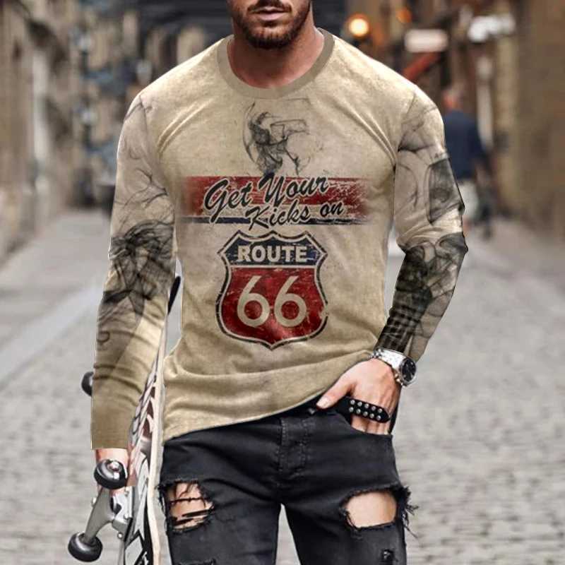 Retro Route 66 3D Printing Autumn Mens O-neck T-shirt Casual Long Sleeve Oversized T-shirt Fashion Zipper Mens Clothing W241026