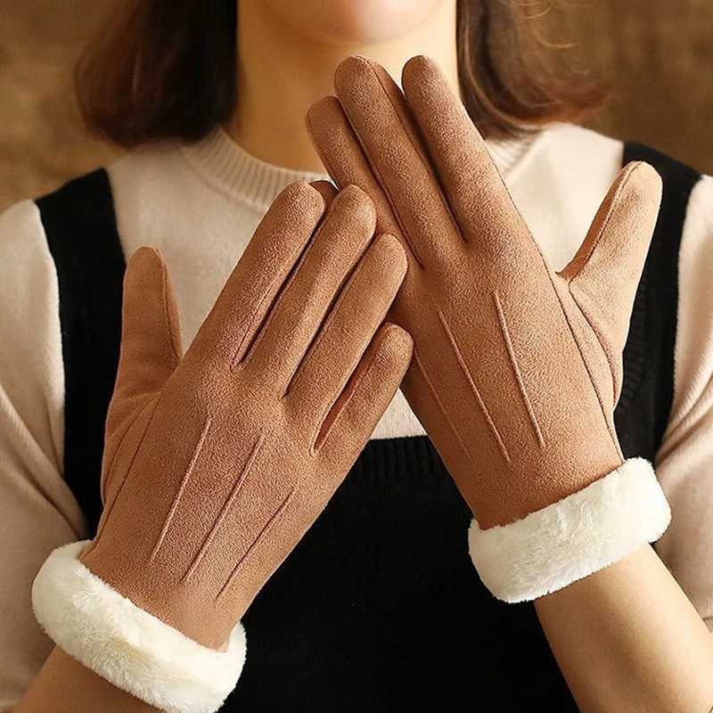 Winter suede leather bicycle Gs Autumn thick womens warm velvet plush gloves Womens outdoor touch screen driving Gs W241026