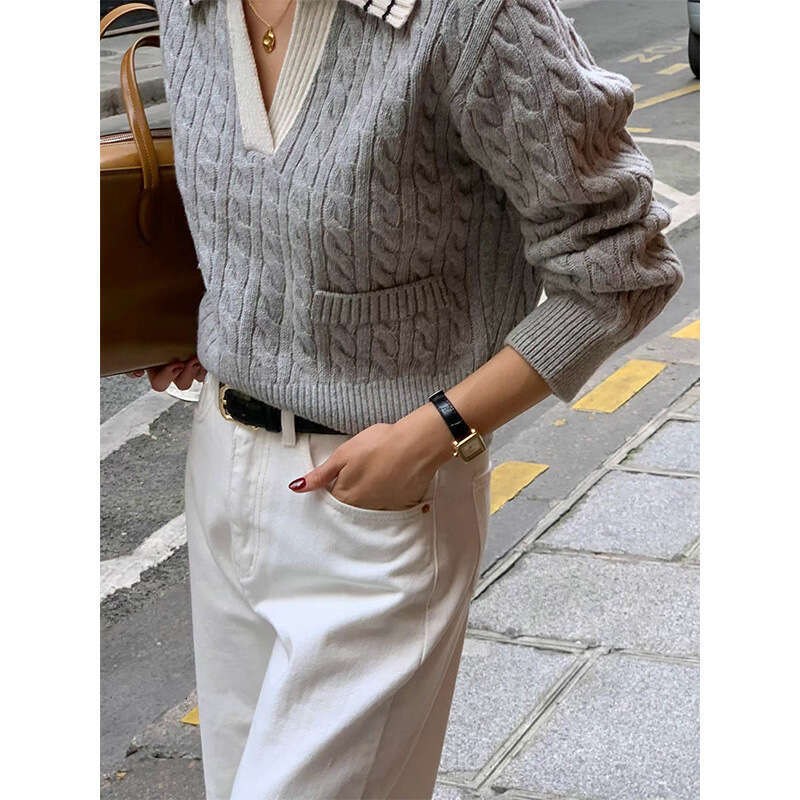 Color Contrast Lapel Fried Dough Twists Knit Design Women Autumn & Winter Long Sleeve Top Pullover Sweater Women's Wear