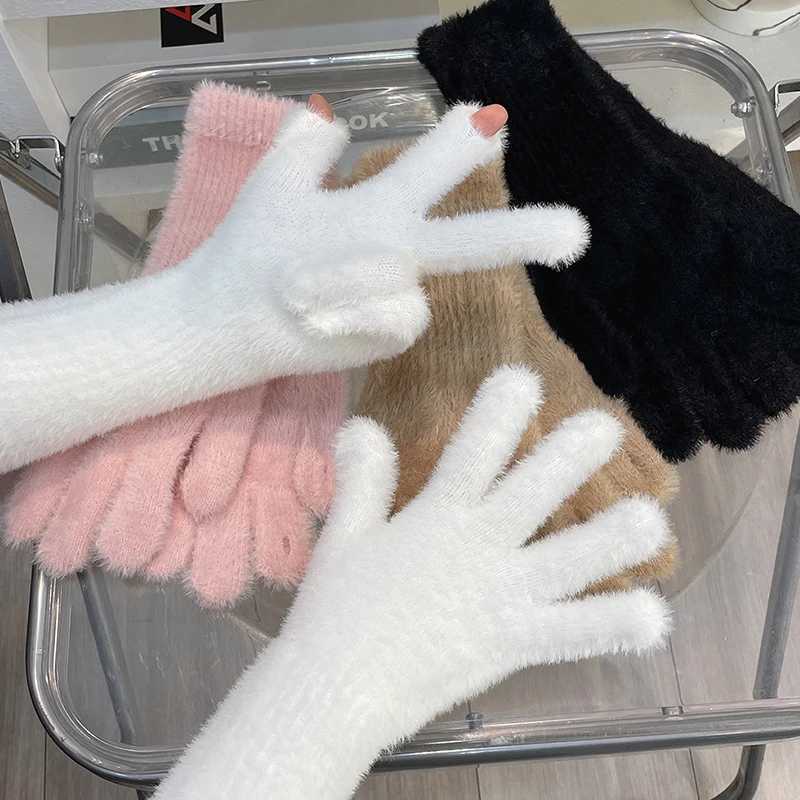 Womens Plus Cashmere Touchscreen Gs Winter Warmth Gs Elastic Soft Full Finger Gloves Plush Artificial Fur Knitted Gs W241026