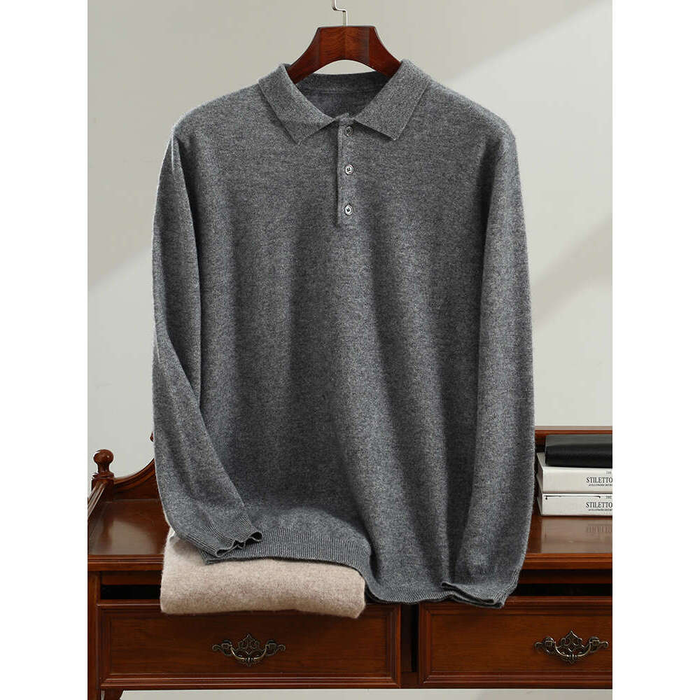High-End Spring Autumn New Men's Sweater 100% Goat Cashmere POLO Neck Pullovers Youth Pure Color Jumper Men Large Size Knitwea