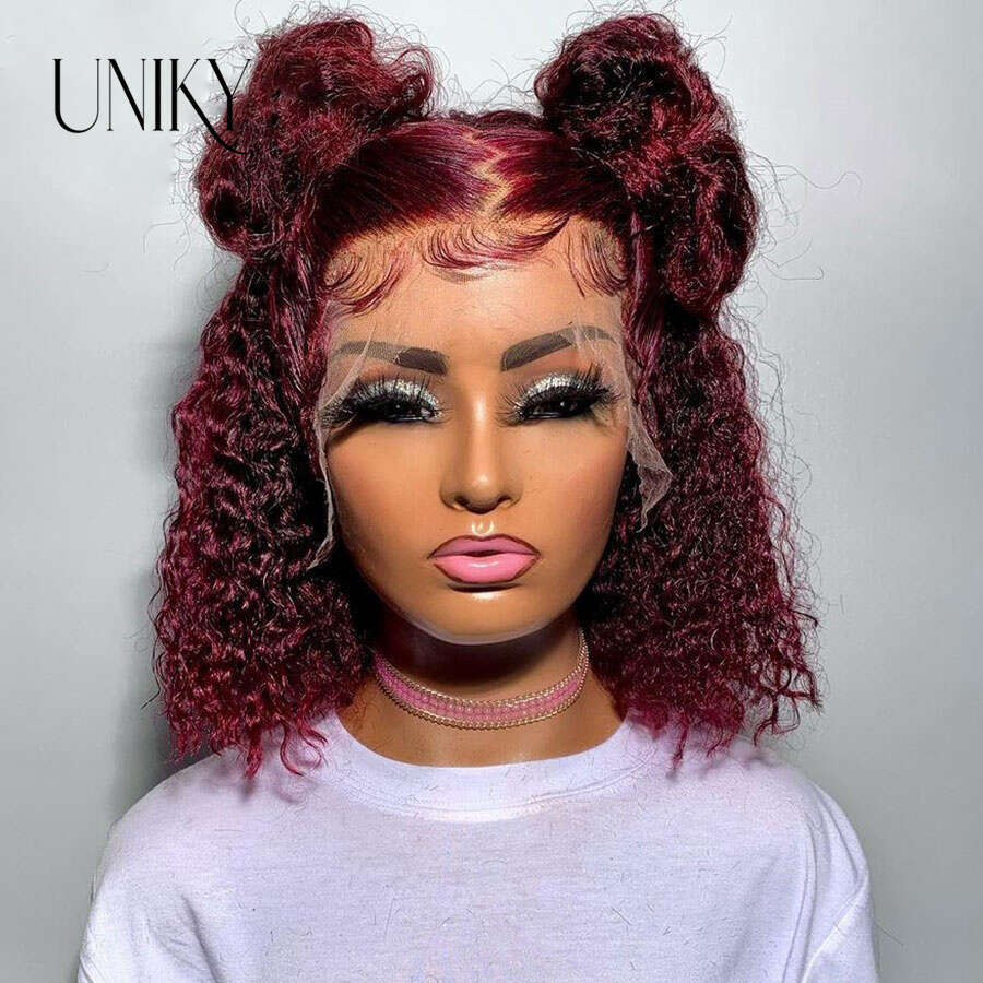 Red Bury 99J Color Kinky Curly Short Cut Blunt 13X4 Frontal Human Hair Bob Wigs 4X4 Lace Closure Preplucked Wig