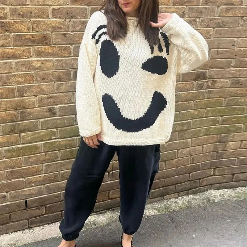 2024 Autumn Womens Oversized Sweaters O Neck Knitwear Long Sleeve Loose Fit Pullovers Female Casual Smile Boho Sweater Tops 241025