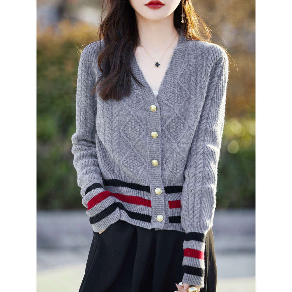 New Chic Twist Wer Women Sweater Long Sleeve V-Neck Cardigan 100% Merino Wool Soft Warm Cashmere Knitwear Korean Fashion Tops