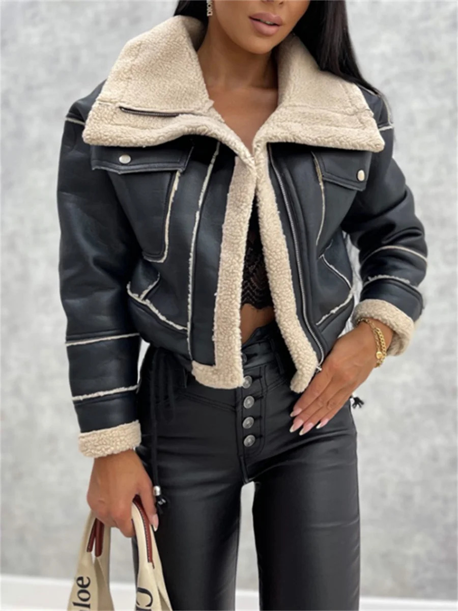 WSEVYPO wool patch work suede winter warm jacket womens casual long sleeved lapel collar zipper jacket street party jacket 241025