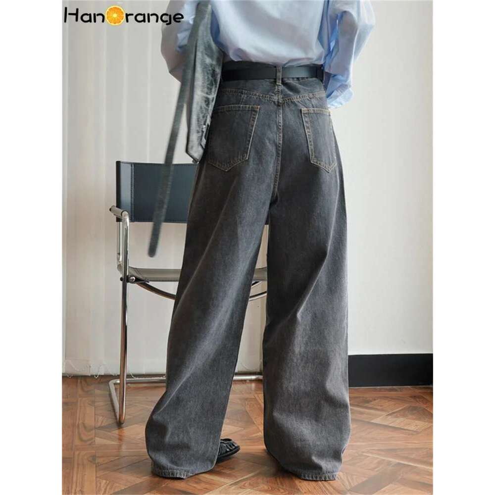 Hanorange 2024 Autumn Vintage Personalized High Waist Wide Leg Jeans Women Loose Washed Casual Denim Pants Female Cool Ash Gray