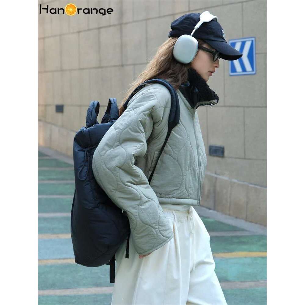 Hanorange 2024 Autumn Winter Fashion Stand Collar Quilted Cotton Women Silhouette Warm Short Jacket Light Gray/Gray Green