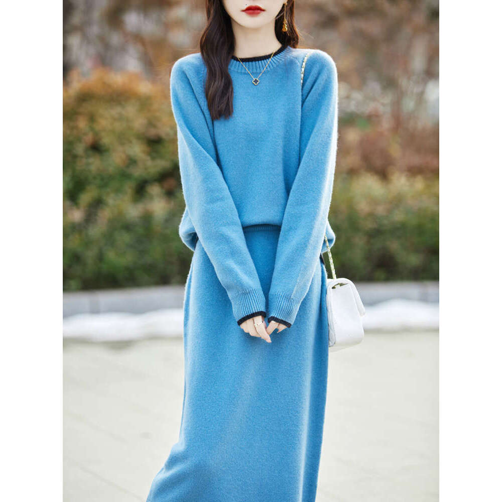Fashion Suit Spring Autumn Winter 100% Merino Wool Knit High Quality Sweater Women Top And Harem Skirt Two-Piece Female Clothing