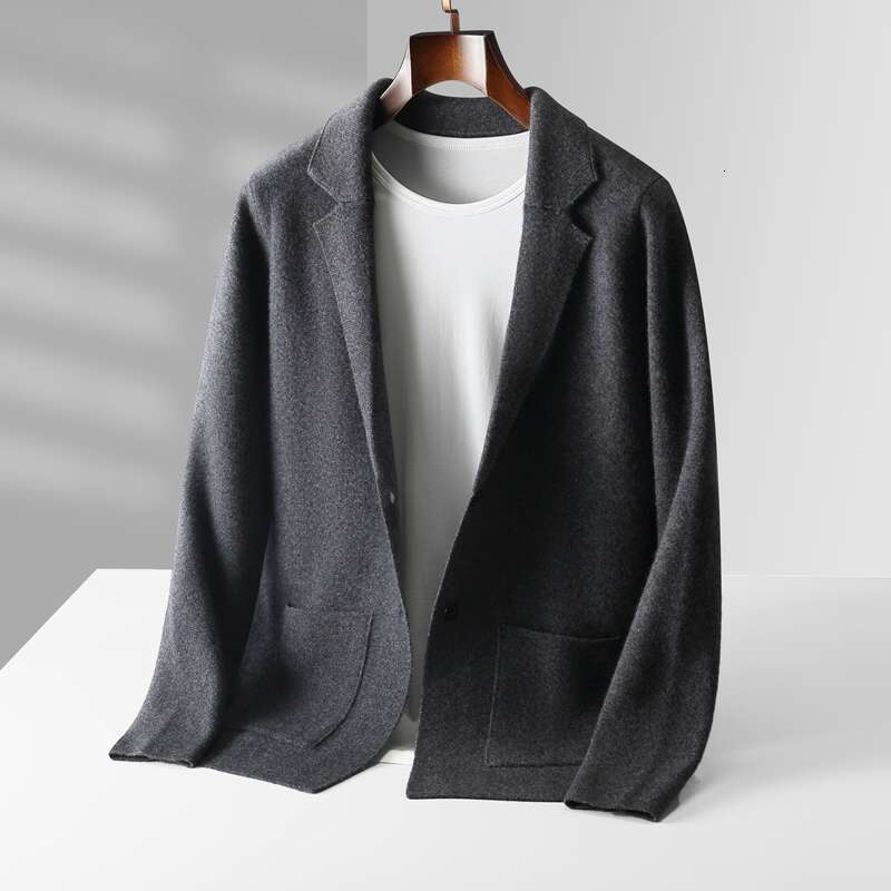 Men 100% Merino Wool Jacket Suit Lapel Sweater Cardigan Autumn Winter Loose Knit Coats Youth Thick Shirt Business Casual Tops