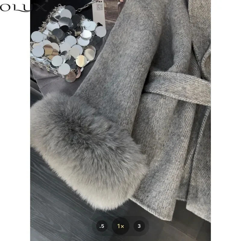 Wool Blends Bandage Waist Fur Sleeve Coat Women Trench Winter Clothes Top Grey Jackets Wrap Vintage Streetwear 241025