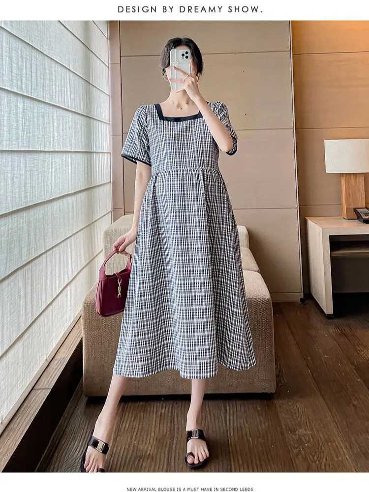 Korean summer long loose pregnant women A-line dress short sleeved square neckline pregnant women plain weave dress pregnant women dress W241026