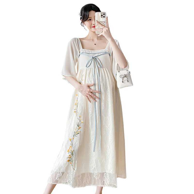 Summer Chinese Embroidered Lace Dress for Pregnant Women Hanfu Pregnant Womens Dress Sweet Square Neck Pregnant Womens Holiday Dress W241026