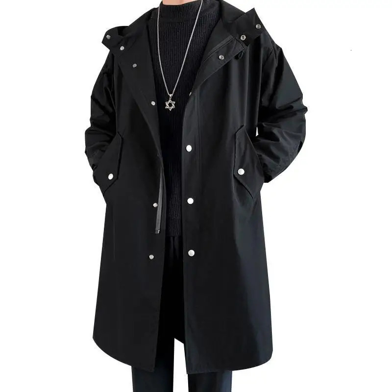 Mens Windbreaker Jacket Long Trench Oversize Loose Streetwear Hooded Vintage Black Coats High Street Casual Male Outerwear 241025