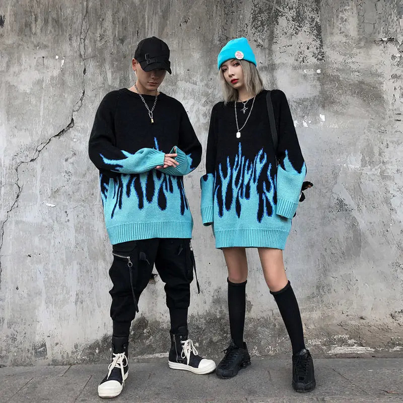 Autumn Women Oversize Sweater Harajuku Flame Knitted Couple Pullover Winter Hip Hop Oneck Loose Jacquard Men Sweatshirt 241025