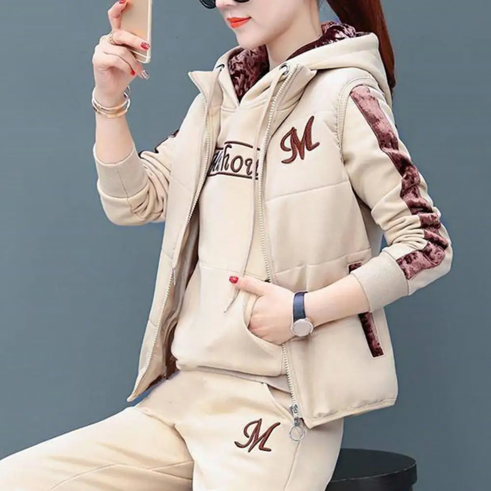 3 pieces/set of fashionable letter printed womens hoodies jogging pants zippered vests thick casual clothing school drawers 241025
