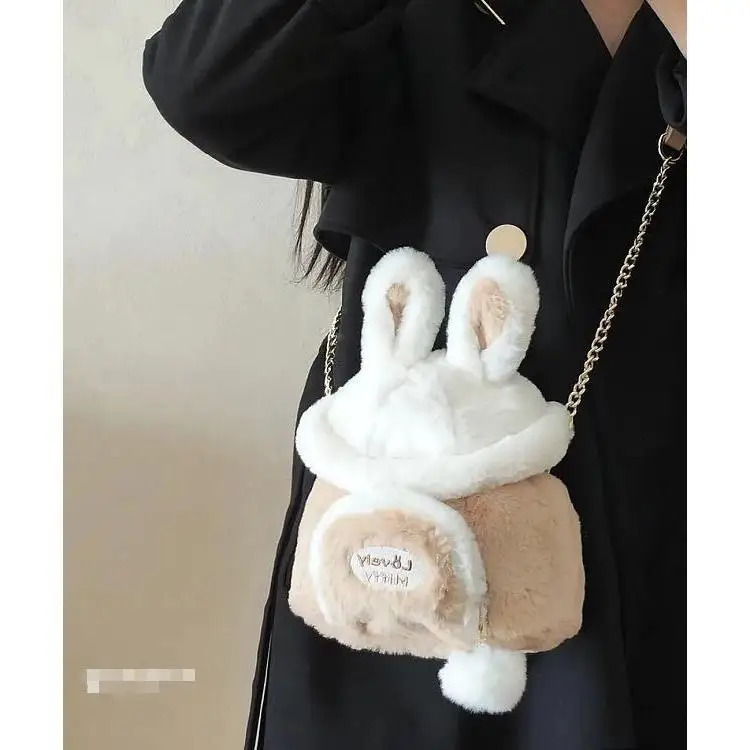 Kawaii Japanese Bag Autumn/Winter Soft Plush Storage Bag Womens Messenger Bag Cute Rabbit Ears Large Capacity Handbag 241025