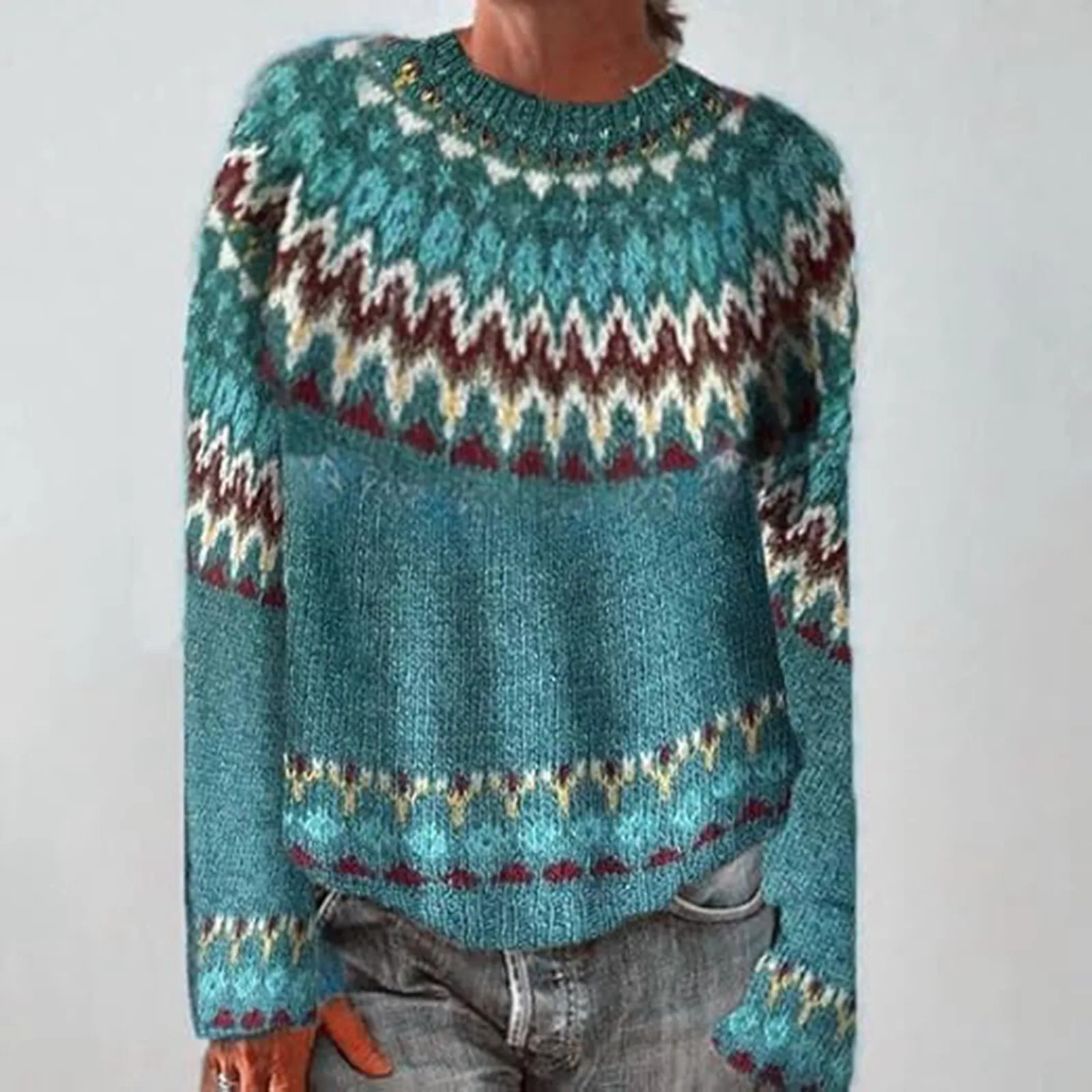 Womens printed pullover sweater for winter and autumn casual loose round neck long sleeved knitted jumper color blocked Christmas top 241025