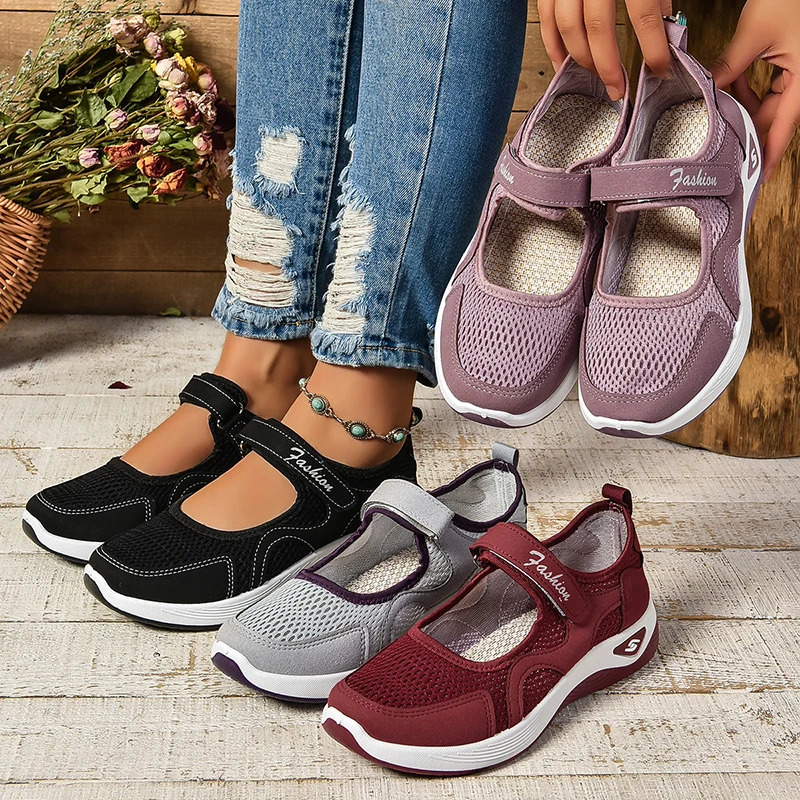 2024 Autumn Womens Shoes Hook and Loop Breathable Mesh Flat Sports Shoes Soft and Wear Resistant Inkless Running Shoes 241024