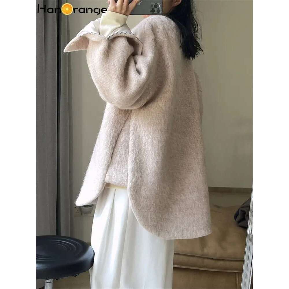 Hanorange 2024 Winter Casual Lazy Long Wool Coat Women Pullover Warm Silhouette Solid Color Outwear Female Grey/Pink