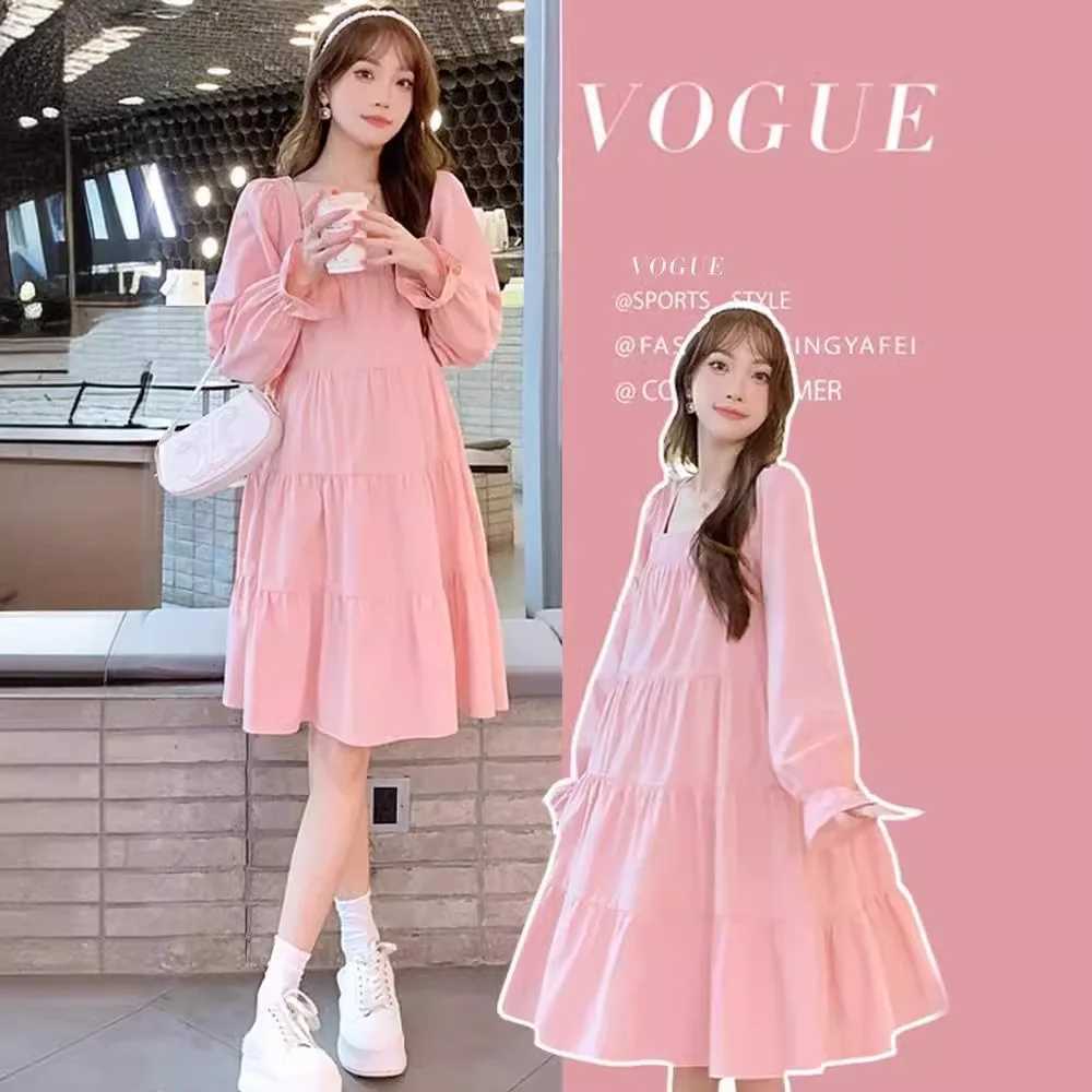 New Ins style pregnant womens spring and summer dresses sweet pink doll dresses Chinese New Year summer Komatsu A-line skiing W241026