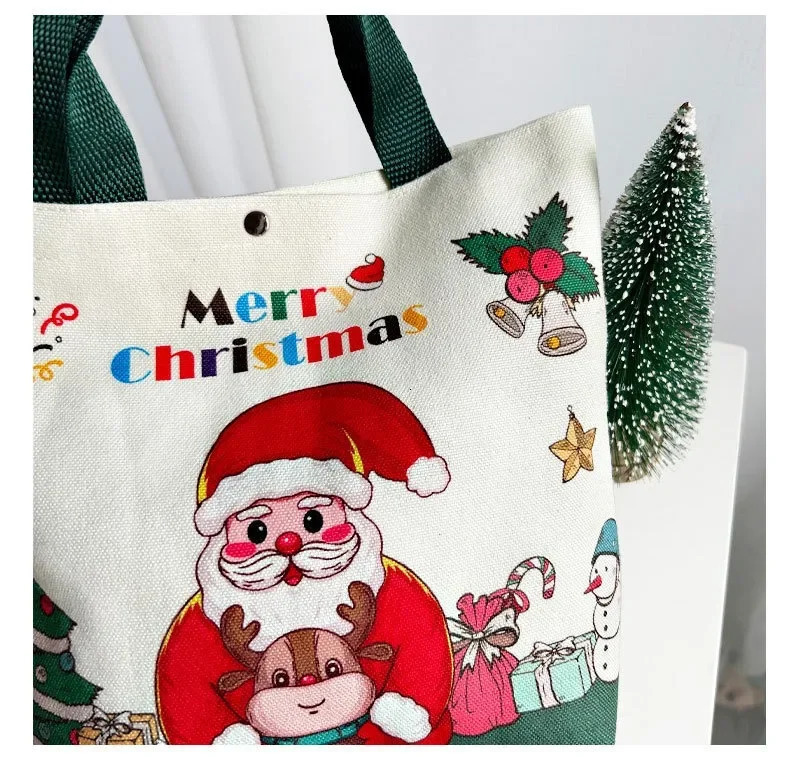 Christmas Canvas Bag Santa Claus Xmas Tree Elk Snowman Noel Bell Handheld Gift Bag Merry Christmas Decor Happy Year 2025 241025