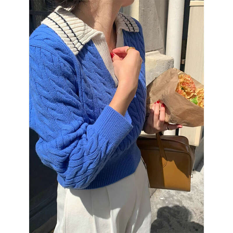 Color Contrast Lapel Fried Dough Twists Knit Design Women Autumn & Winter Long Sleeve Top Pullover Sweater Women's Wear