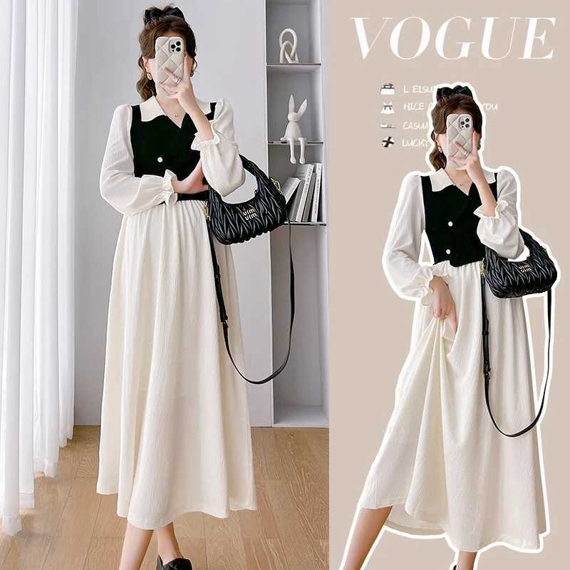 2024 autumn and winter knitted patch work pregnant womens dress with long flame sleeves loose collar elegant pregnant womens clothing W241026
