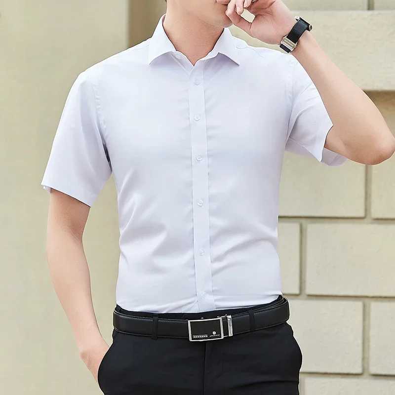 2024 summer mens ultra-thin solid color short sleeved Slve business shirt casual white mens brand plus 5XL classic style W241026