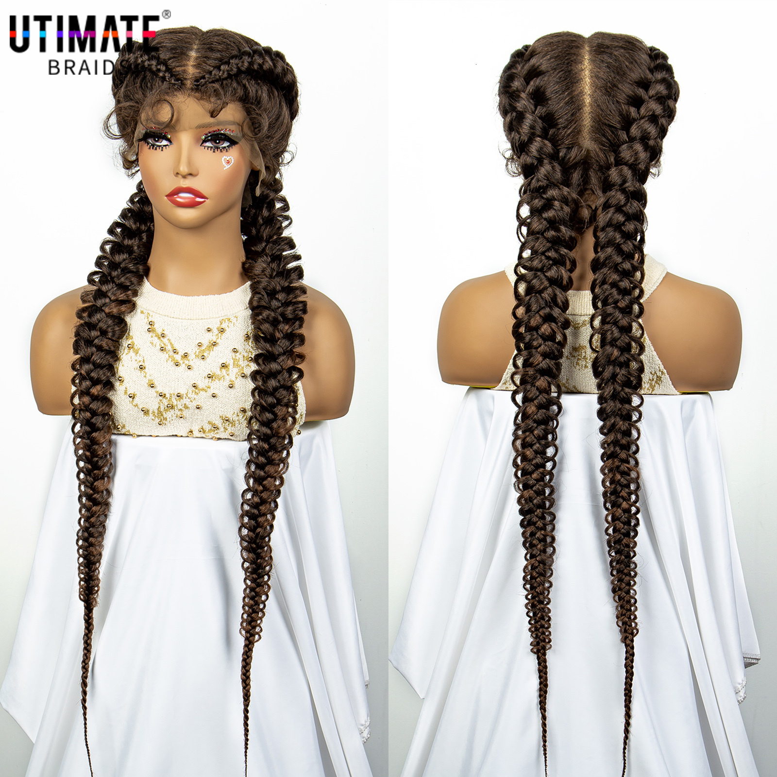 1B/30 Dark Brown Synthetic Lace Frontal Dutch Box Braided for Black Women Fishtail Braids with Baby Hair Cornrow Wigs